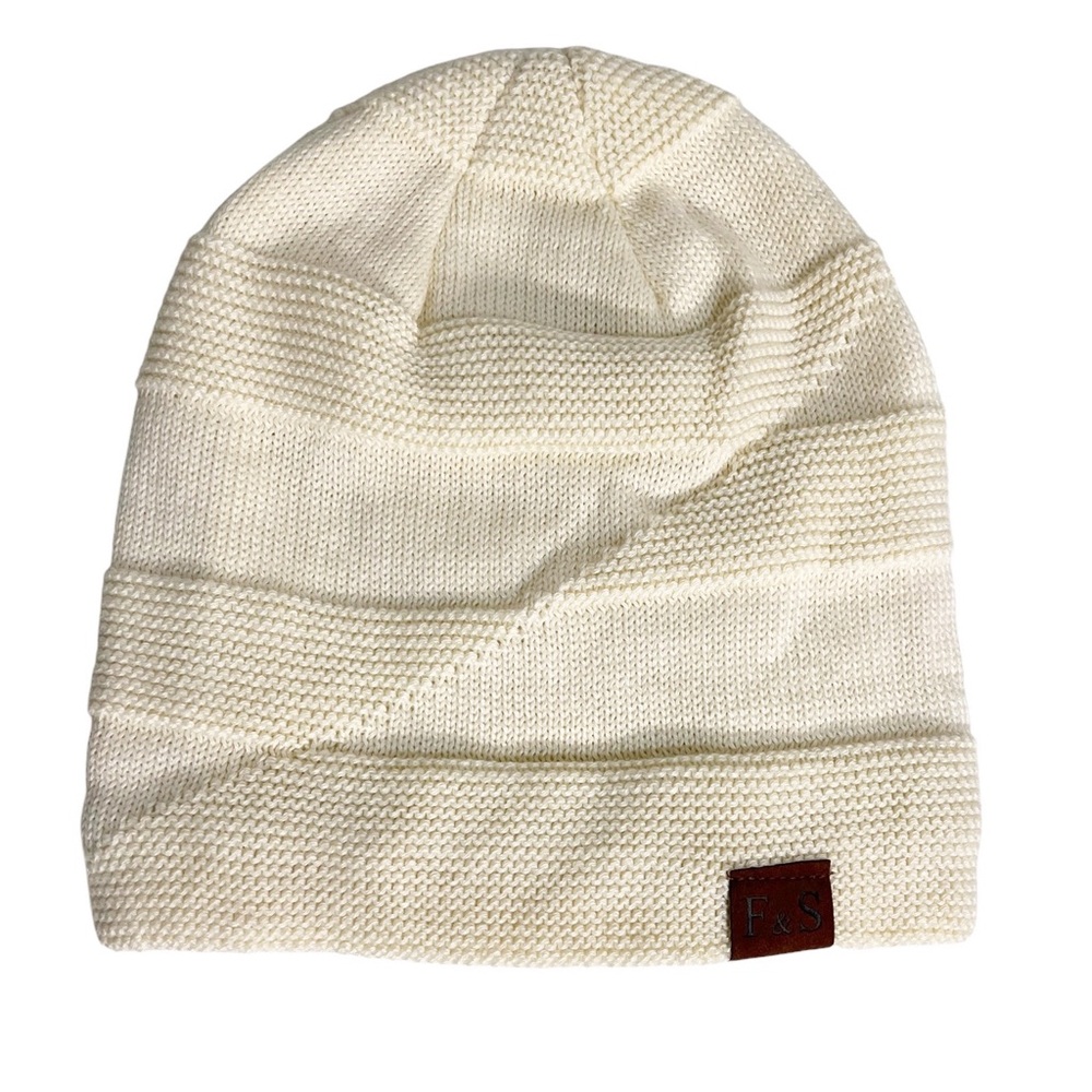F&S Faux Fur Lined Knit Winter Slouchy Beanie Hat Unisex White Cream One Size